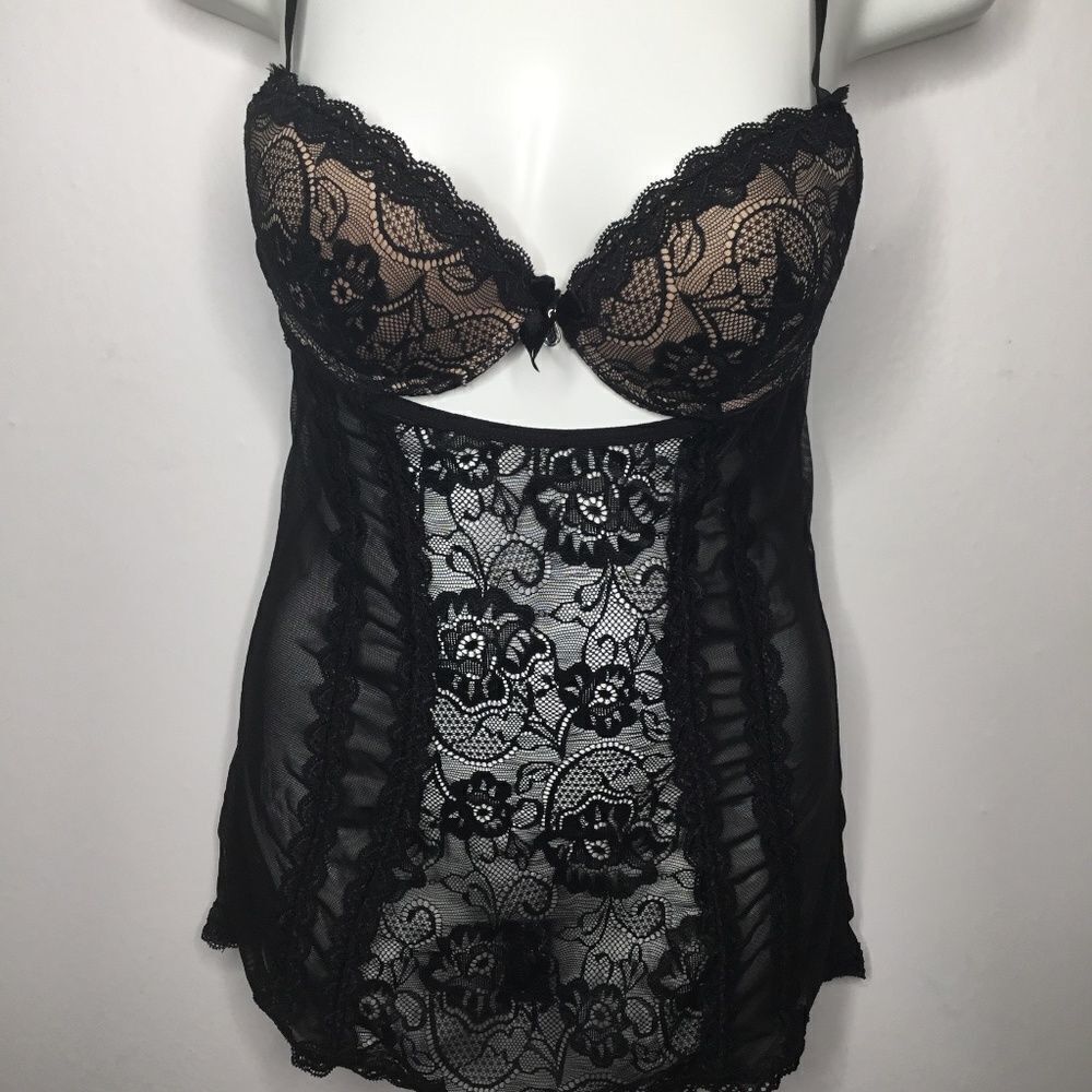 French Affair Women's Black Sexy Lingerie Padded Baby Doll Slip Dress Size‎ S